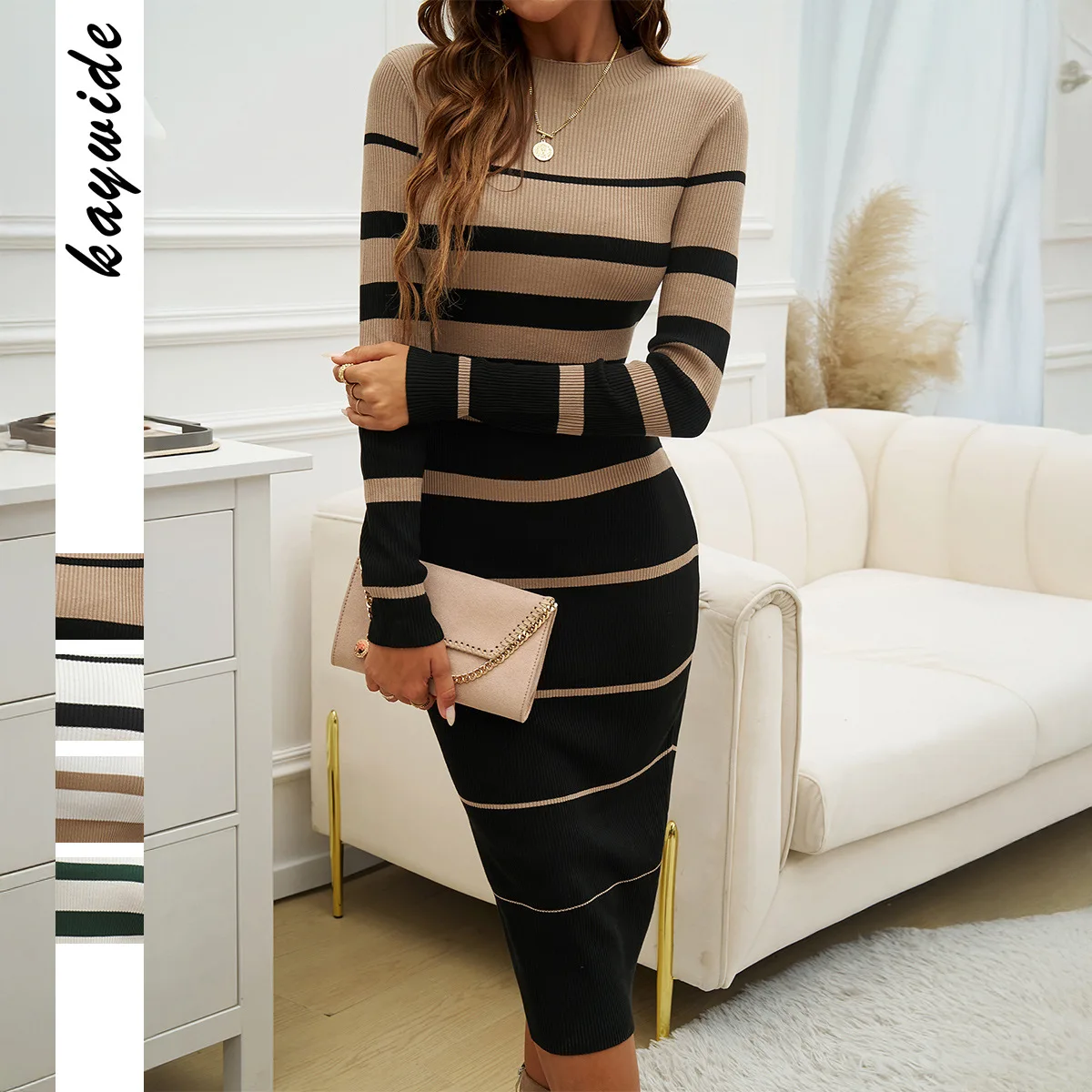 Vrouwen Gestreepte Gebreide Lange Mouw Lange Bodycon Jurk 2023 Herfst Winter Elegante Contrast Kleur Kantoor Dame Trui Jurken Vestidos