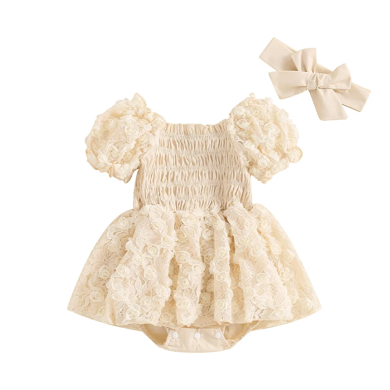 

Baby Girls Rompers Dress Flower Lace Short Sleeve Skirt Hem Bodysuits Summer Clothes with Headband