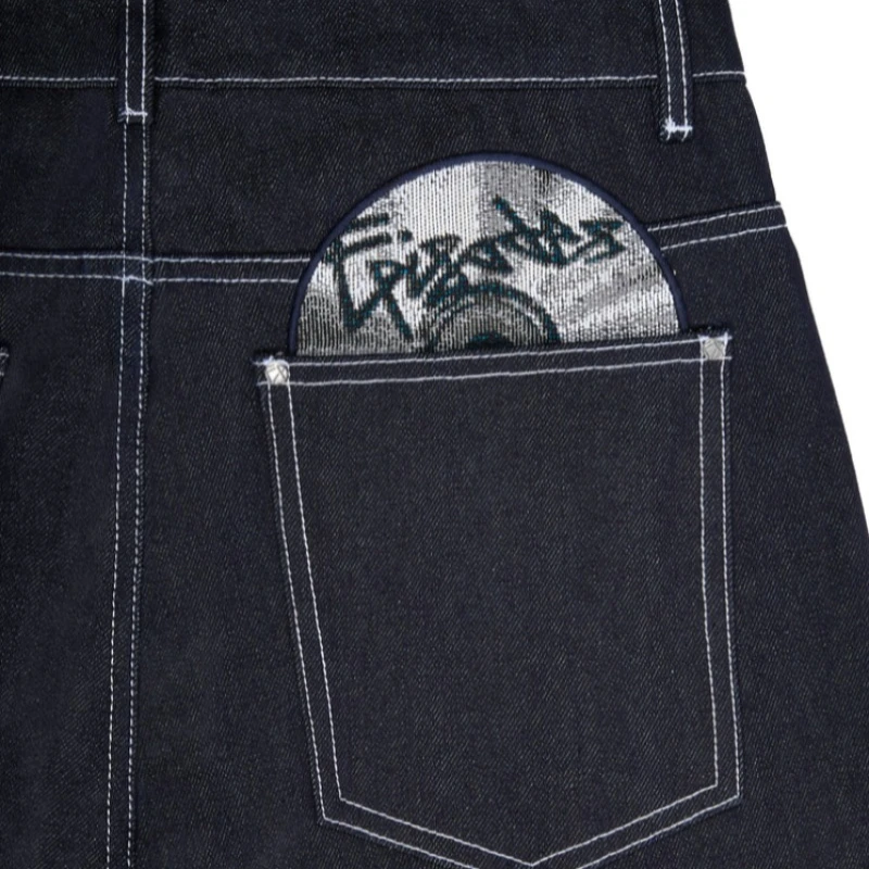 Y2K HipHop Chic Denim Jeans Trendy Disc Embroidered Pattern Retro Straight Leg Pants Casual Simple Streetwear Unisex Baggy Jeans view 4