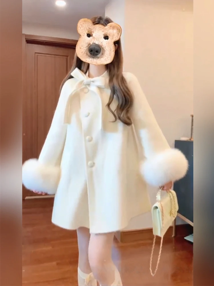 

Large Size White Woolen Coat Women's Autumn Winter Loose Medium Length Woolen Coat Korean Sle Commute Knot Element