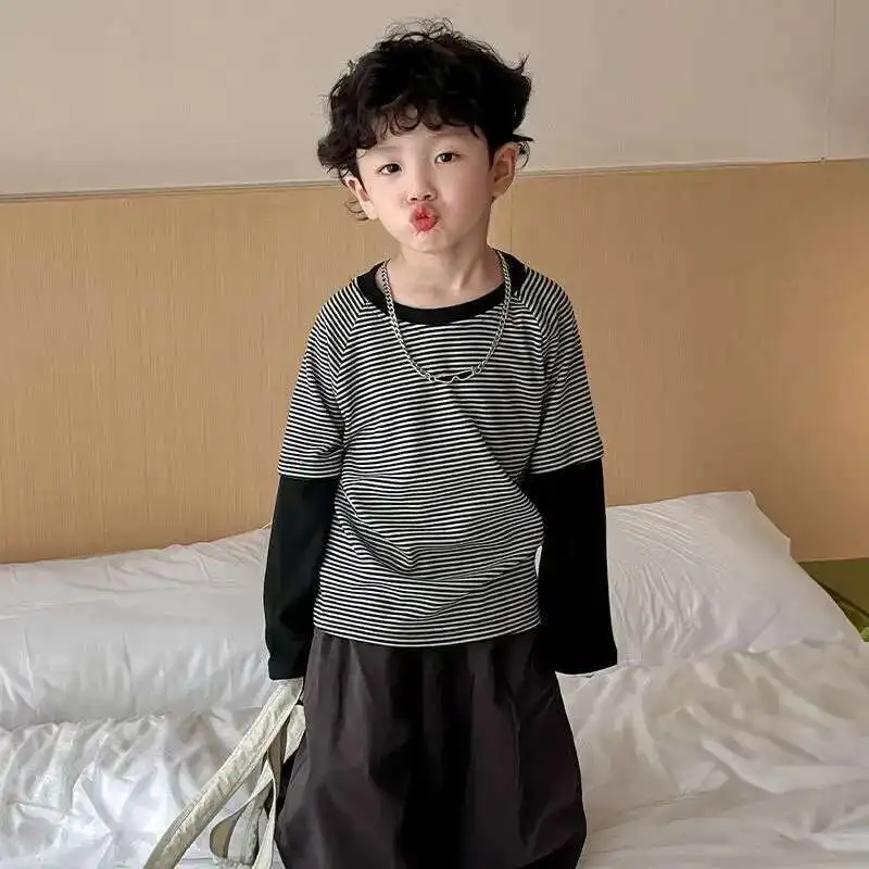 

Korean Style Stripe Splicing Long Sleeved Shirt Autumn And Winter Boys' Base Shirts Outerwear Children's Casual Light Tops