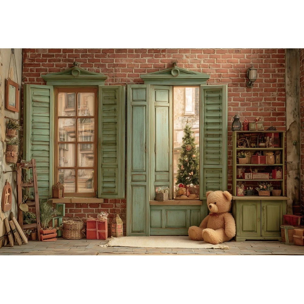 عيد الميلاد التصوير خلفية عيد الميلاد متجر نافذة خشبية دمية دب الاطفال الأسرة صور التصوير خلفية ديكور الحفلات الدعائم