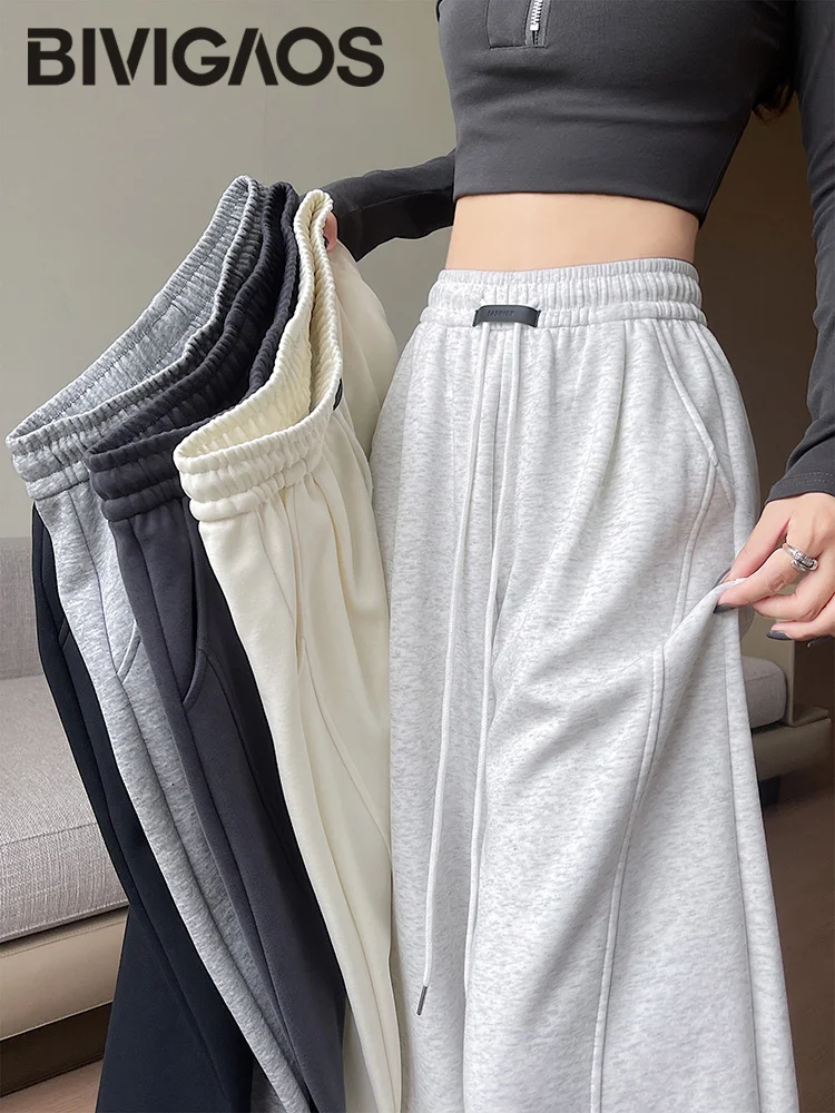 BIVIGAOS خريف جديد أسود التسمية منحني الرباط السراويل الرياضية النساء عالية الخصر فضفاض الموز Sweatpants عادية واسعة الساق بنطلون #5