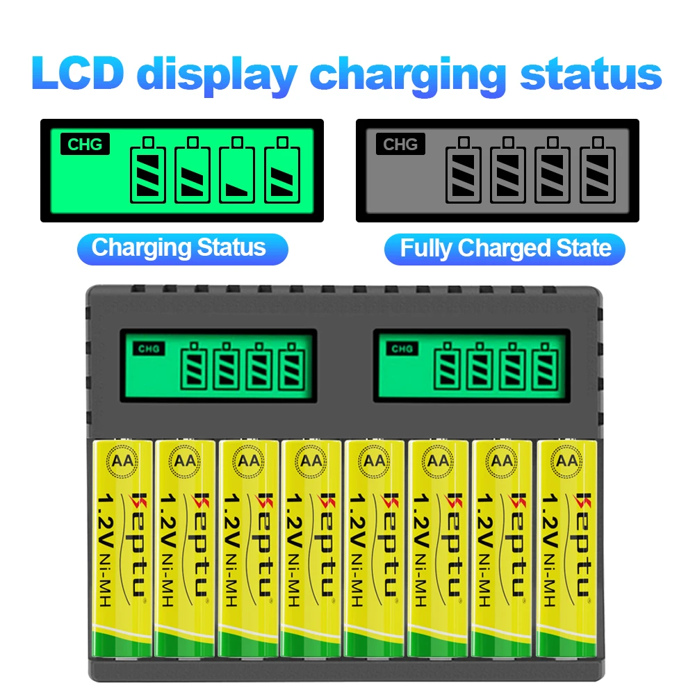 8pcs KEPTU 2200mAh 1.2V AA Rechargeable NI-MH aa Batteries with 8 Slots LCD Charger