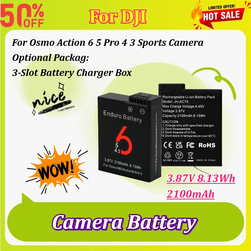 

New 3.87V 2100mAh Camera Battery 3 Slots Charger for DJI Osmo Action 6 5 Pro 4 3 Sports Camera Replacement Battery Accessories