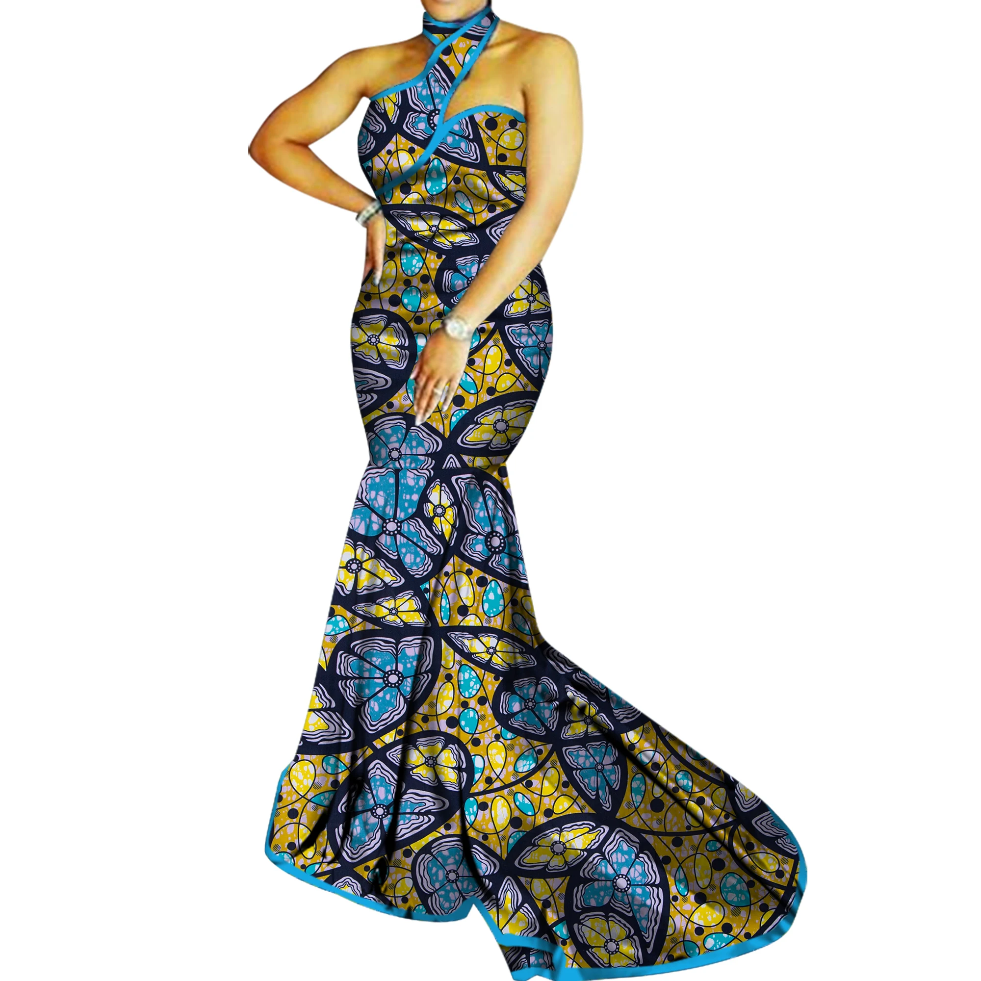 

Elegant African Dress for Women Sexy Sleeveless Evening Dress Ankara Off Shoulder Dress Floor Length Maxi Party Dresses WY3934