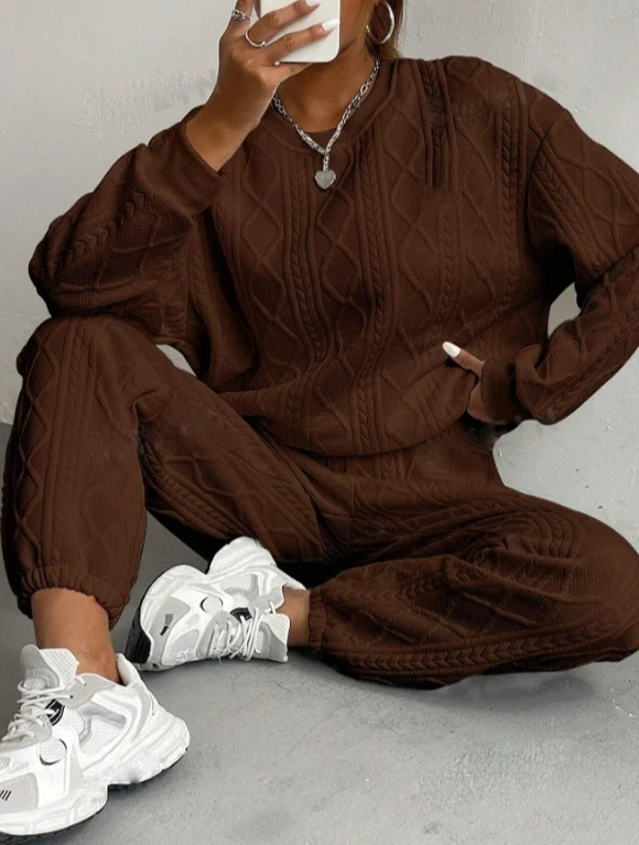 レディースファッション カジュアル ジャカード 長袖 カジュアル ラウンドネック スウェットシャツ ロングパンツ セット 2025 秋新作