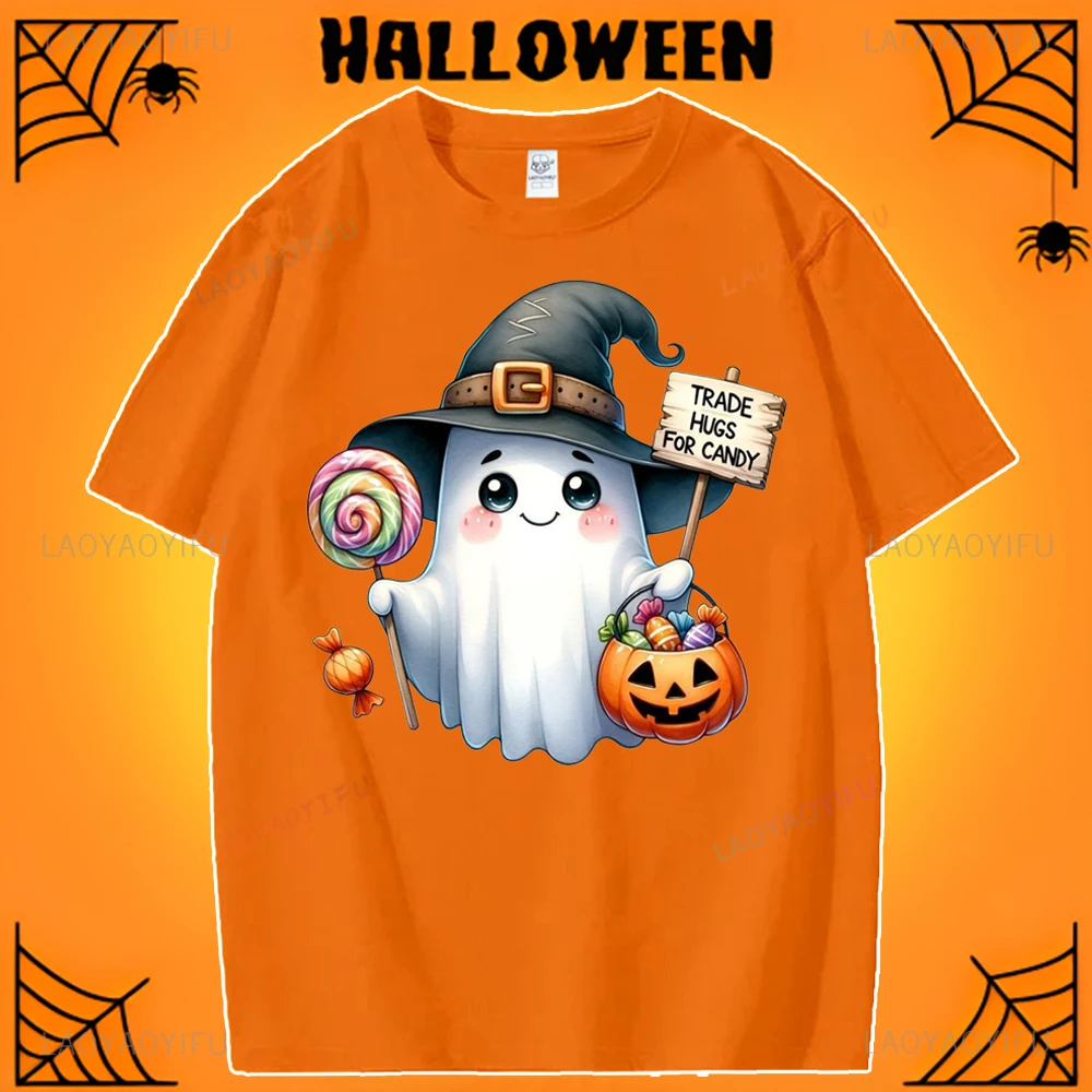 Halloween Boo Ghost Pumpkin Graphic Print T-Shirt Women Fashion Round Neck Loose Tee Shirt Streetwear Personality Unisex T-Shirt