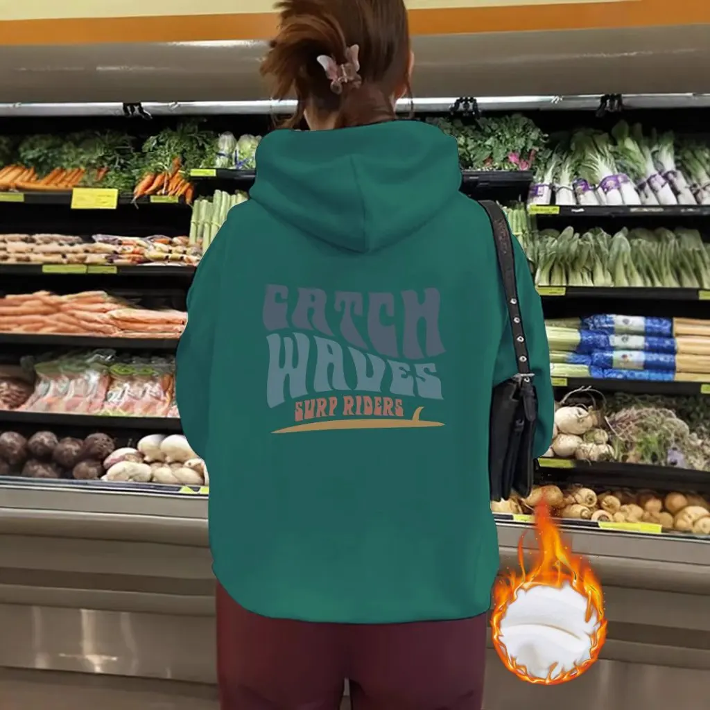 เสื้อสเวตเตอร์ผู้หญิงสไตล์ยุโรปและอเมริกา สำหรับฤดูใบไม้ร่วงและฤดูหนาว มีฮู้ด บุขนแกะ หนา แขนยาว สวมใส่สบายๆ  ลายคลื่น