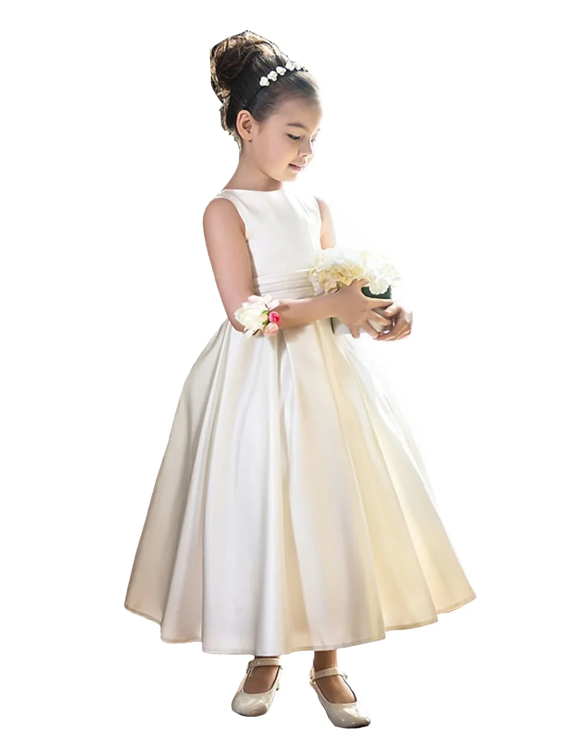 Satin Pleated Flower Girl Dresses With Bowknot Sleeveless Tea Length Girls Prom Party Gowns Solid Color First Communion Dress