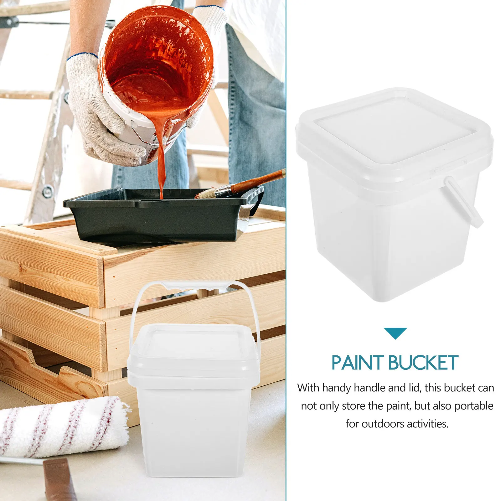 Plastic Paint Bucket Reusable Oil Paint Pail Bucket Ergonomic Handle Wide Mouth Lid Spill Proof Storage Container for Painting