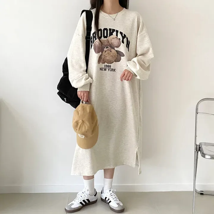 Japanisches Herbst-Winter-Frühlings-Langarm-Dünnes Kleid Damen Fleece-Oberteil Mittellanger Trendiger Rock Übergröße Lässiges Langes Kleid – Detail 5