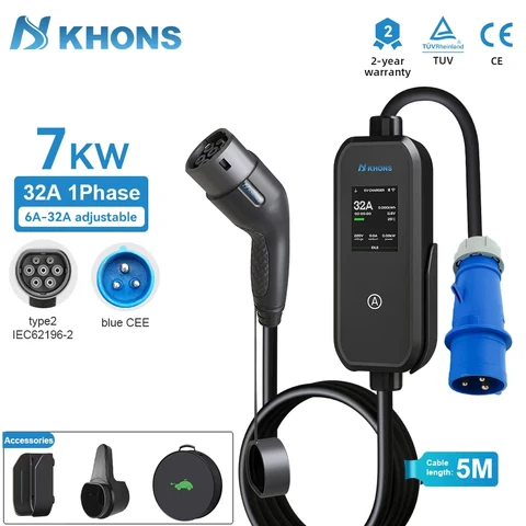 Khons 7kw Type2 Carregador de veículo elétrico portátil 32A Carregador EV EVSE Wallbox Carregador de veículo elétrico Cabo de 5m