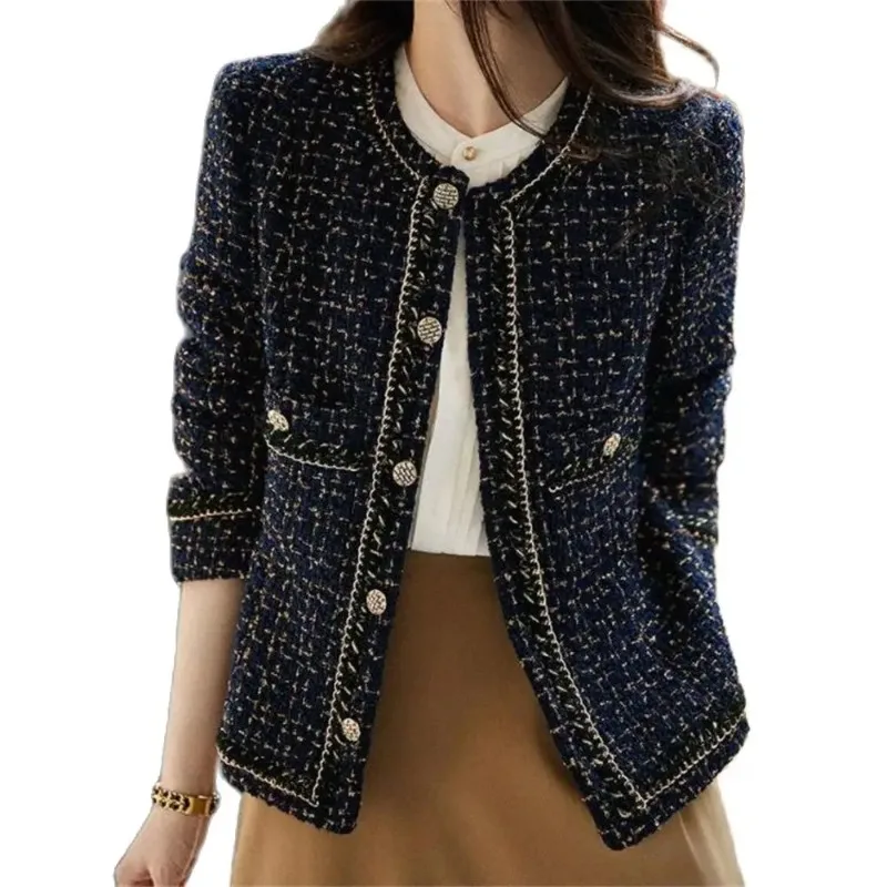 

Korean Style Tweed Jackets Women Elegant Blend Wool Coat with PocketsFemale 2024 Autumn Single Breasted Outwear Office Lady N118