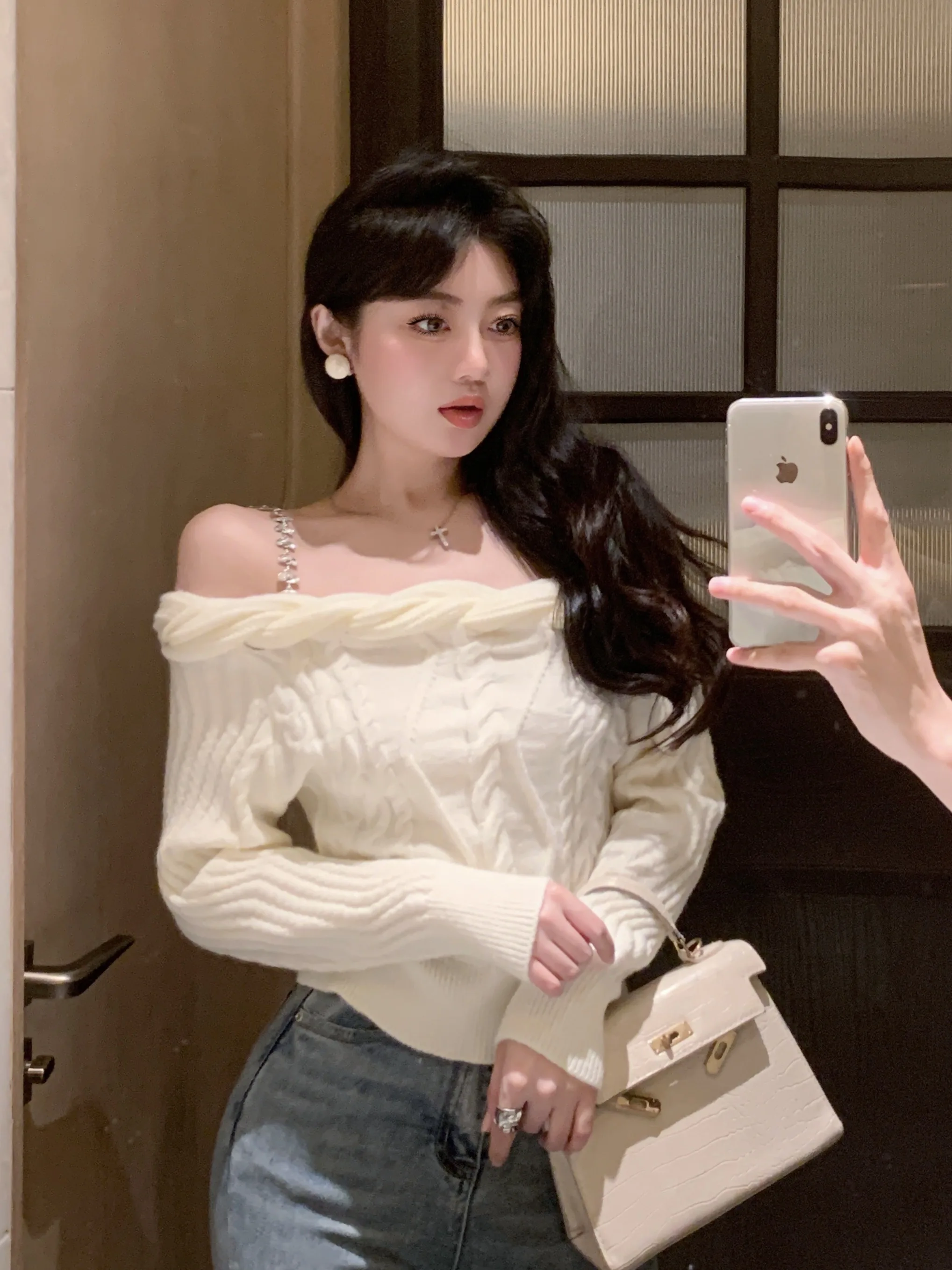 

Thiened вязаный свитер на одно плечо, однотонный милый дизайн, однотонная верхняя одежда, топ, женская мода, весна-осень