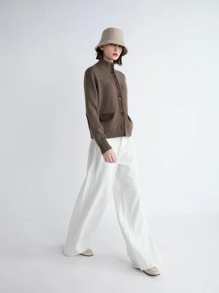 

2025 Autumn/Winter New Style Sheep Wool And Cashmere Blend Knitted Cardigan With Suede Trim Long Sleeves