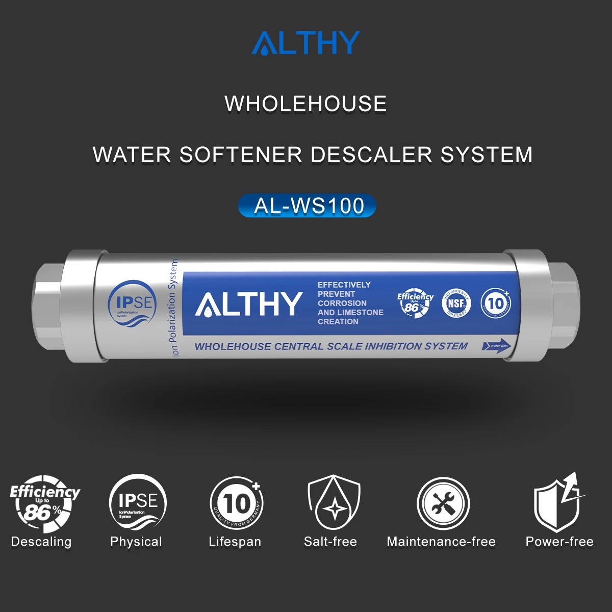 ALTHY AL-WS100 IPS Détartrant d\'eau pour toute la maison Échelle Inhibition Système d\'adoucissant Machine Anti-calcaire Corrosion & Eau dure