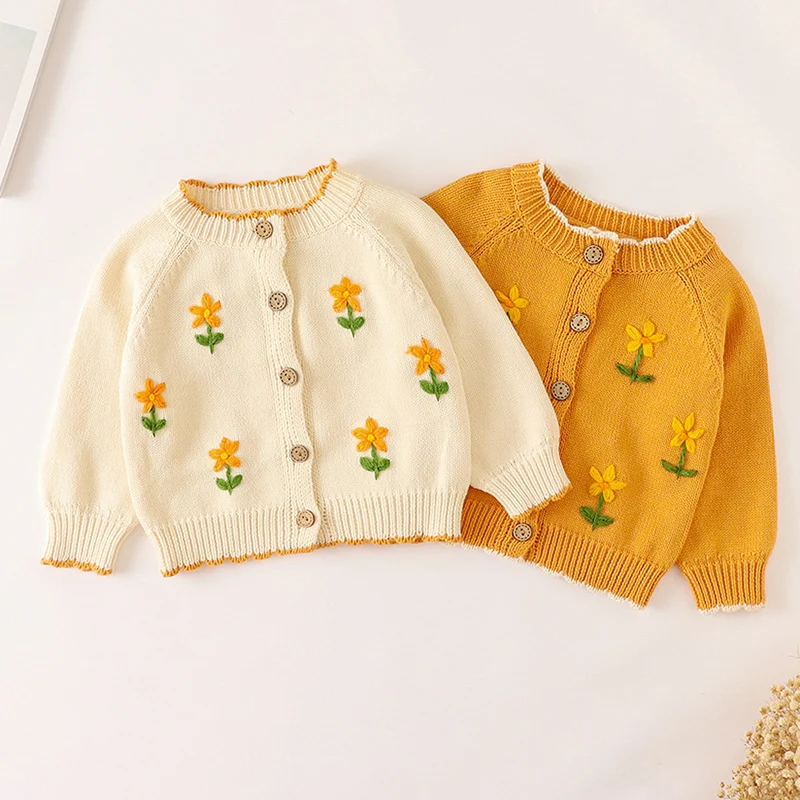 

Winter Spring Newborn Baby Girls Knitting Cardigan Long Sleeved Floral Embroidery Toddler Baby Sweater Coat Children Clothes