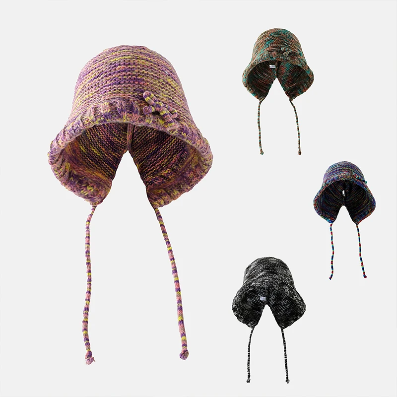 Winter Fisherman Hat Women Windproof Hooded Hat Skullies Colorful Knitted Drawstring Balaclava Outdoor Warm Hat Beanie Cap