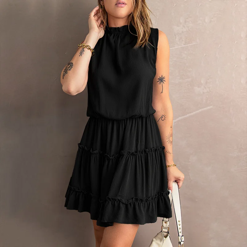 Chiffon Dress Summer New Solid V-Neck Lace up Sleeveless Ruffle High Waist Skirt Comfortable and skin friendly Women's clothing