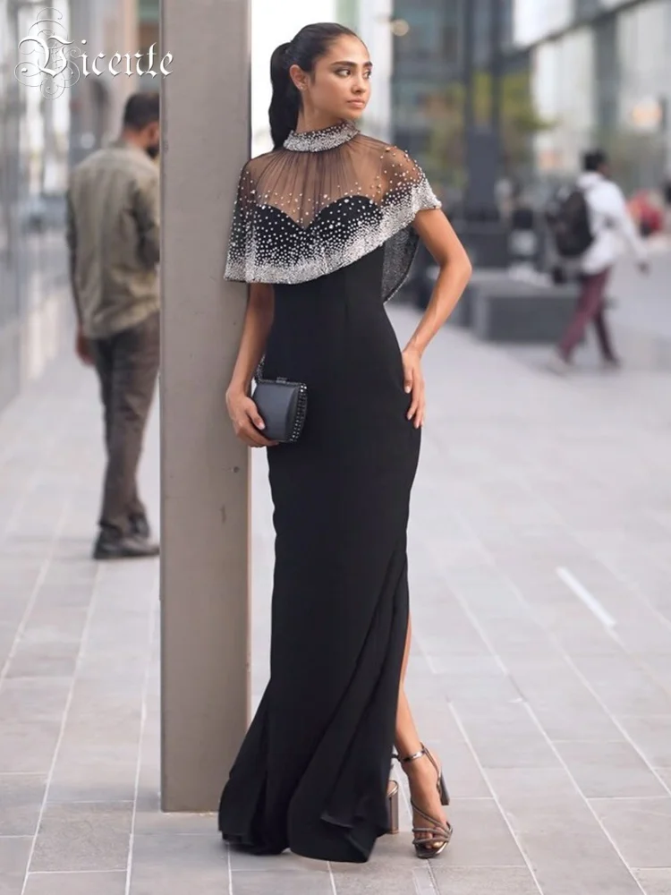 VC luxe pure perlée maille Cape noir Maxi bretelles robe sans manches pour les événements formels robe