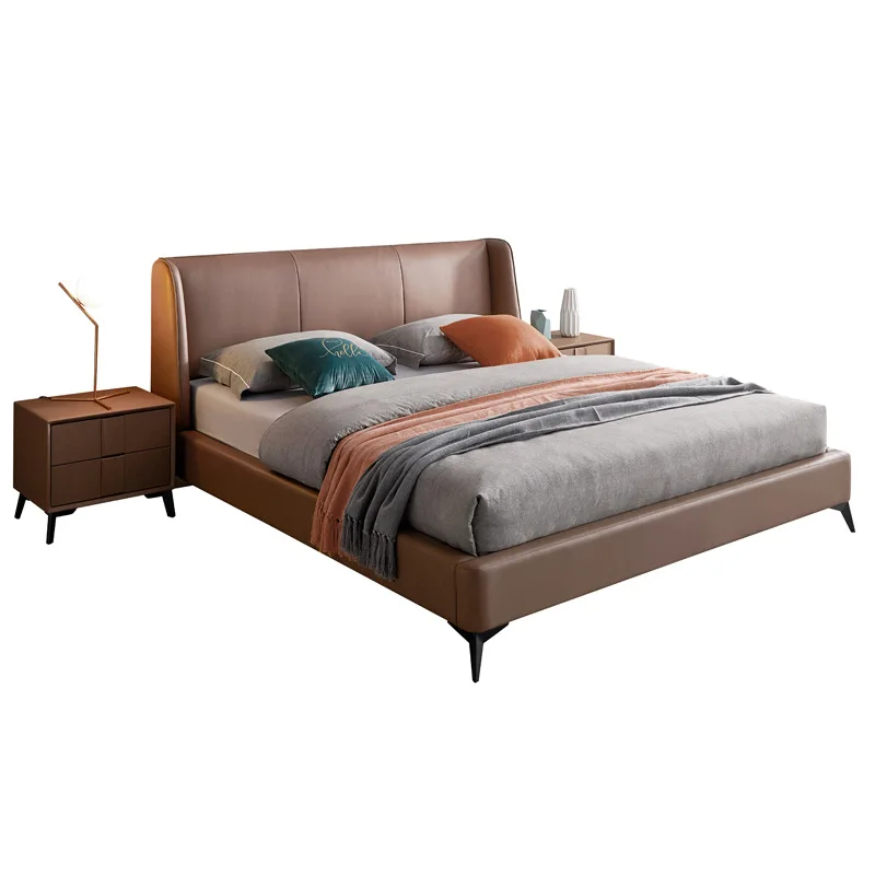 

Italian minimalist leather soft bed, modern minimalist first layer cowhide master bedroom marriage bed