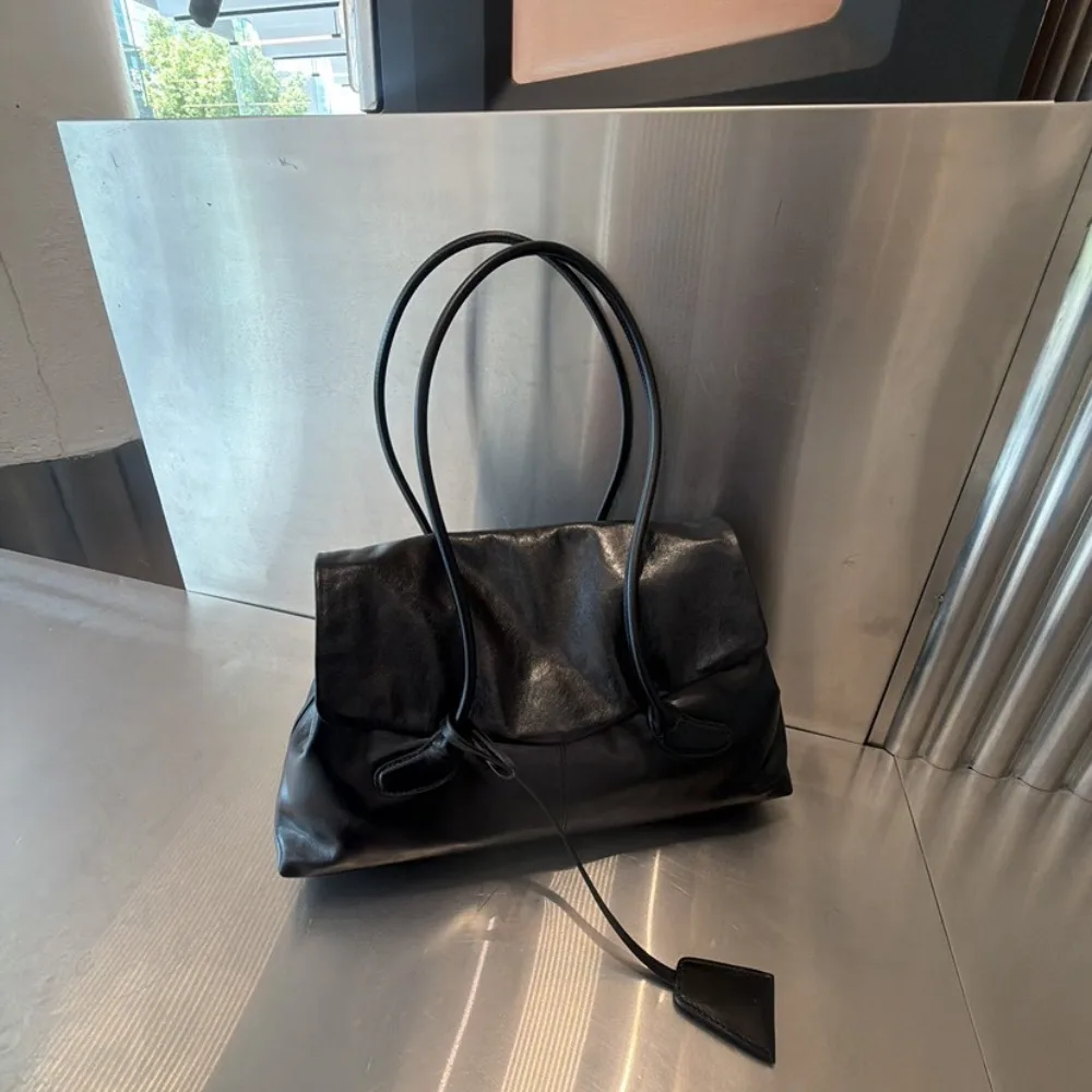Fashion Texture Women's High-end Sense Solid Color Cowhide Tote Bag Autumn and Winter Retro Large-capacity Underarm Shoulder Bag