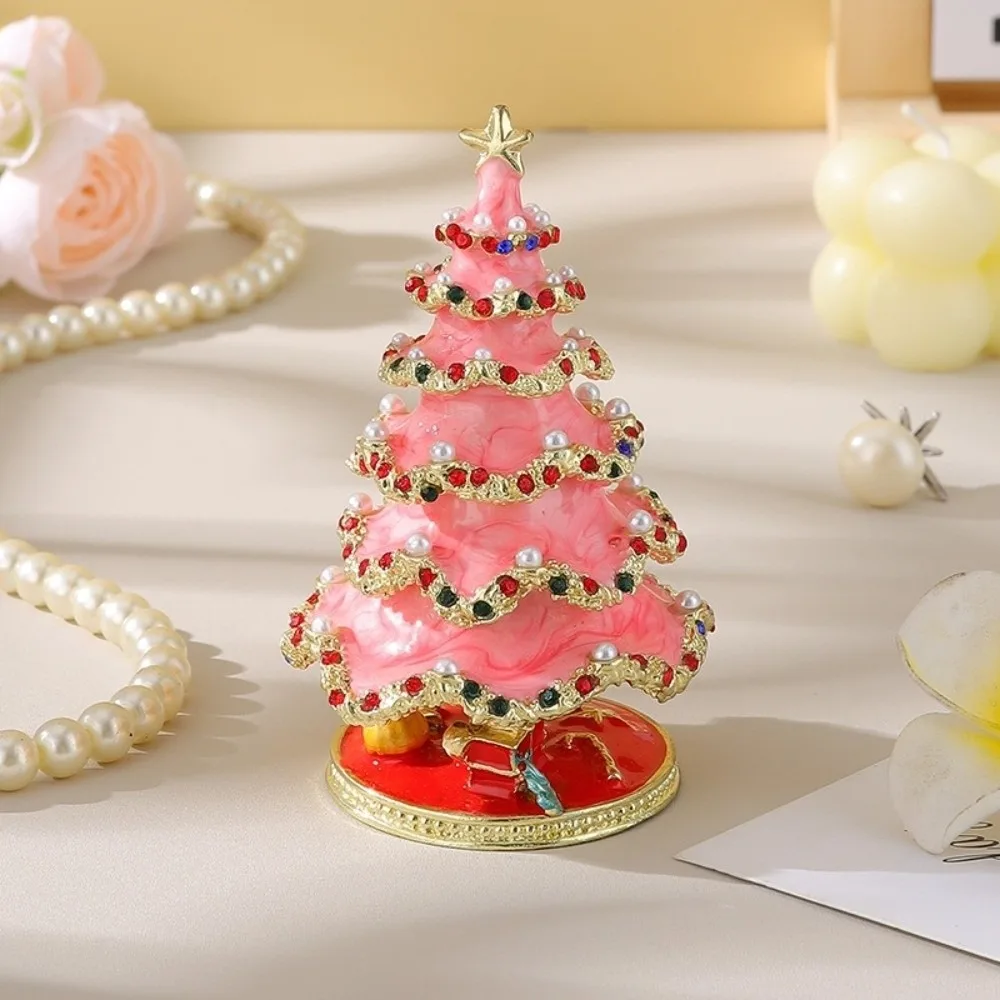 Metal Christmas Tree Ornaments Colorful Pearl Crystal Christmas Decoration Tabletop Decor Enamel Jewelry Storage Box