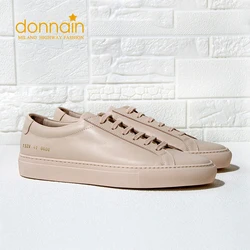 DONNAIN 2023 Fashion Women's Luxury Brand Designer Common Shoes Genuine Leather Casual Lace Up Flat Shoes Nude Pink Sneakers