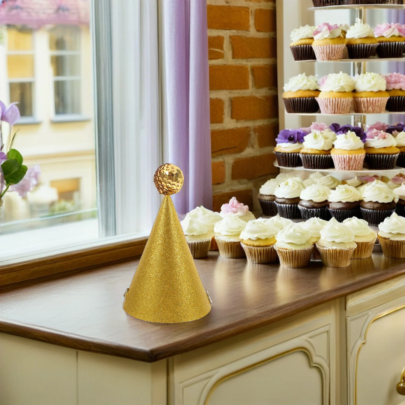 

8Pcs Birthday Cone Hats Gold Glitter Pom Pom Party Hats Party Photo Prop Supplies Birthday Crown Hat