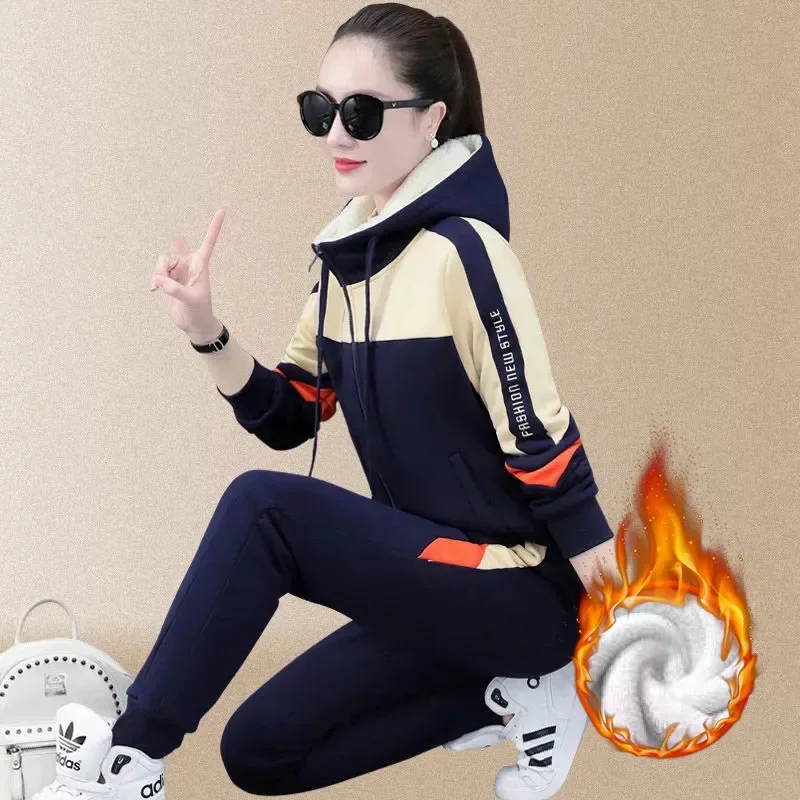 Casual Patchwork Plus Velvet Tracksuit Women Zipper Sweatshirt Jogger Pant Sets Warm Thick Jacket Sweatpants 2 Pieces Set A921