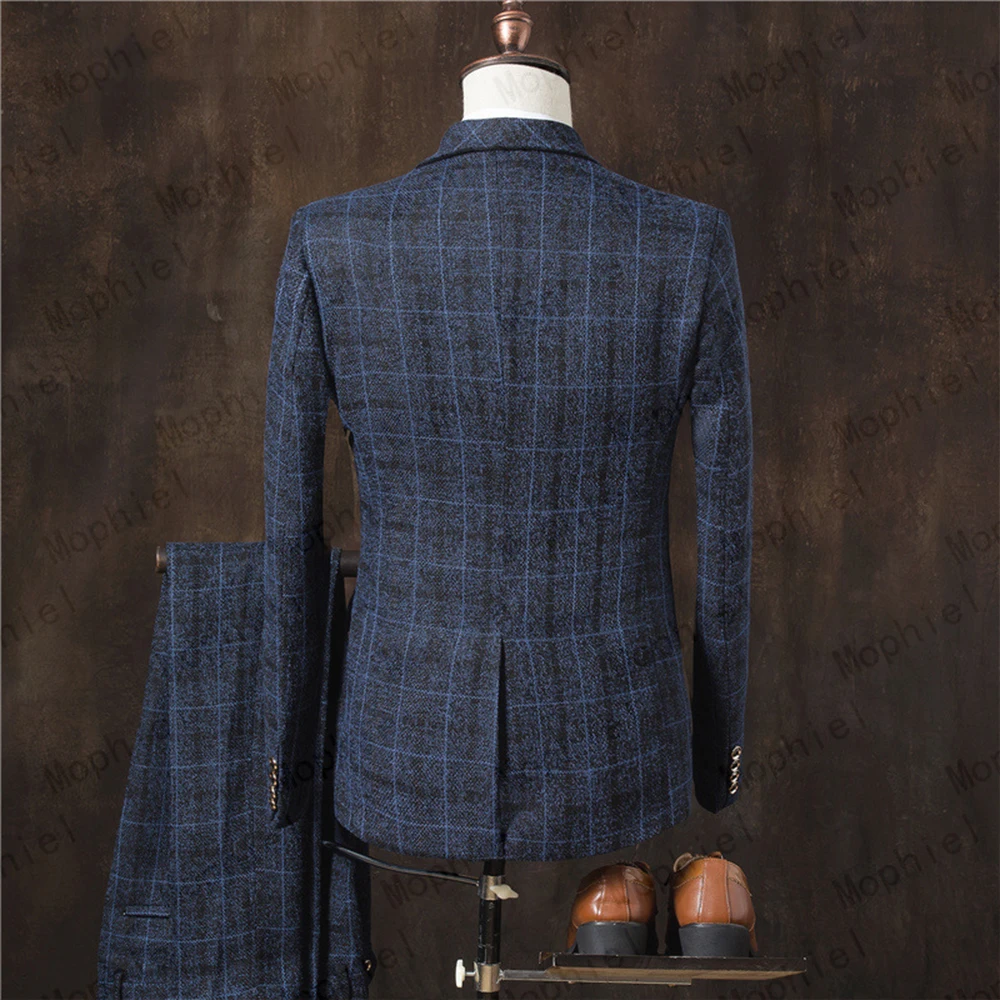 Italy Men's Suits 3 Piece Set Wedding Notched Lapel Tuxedos for Man Plaid Slim Fit Business Blazer Jacket+Vest+Pants Customized