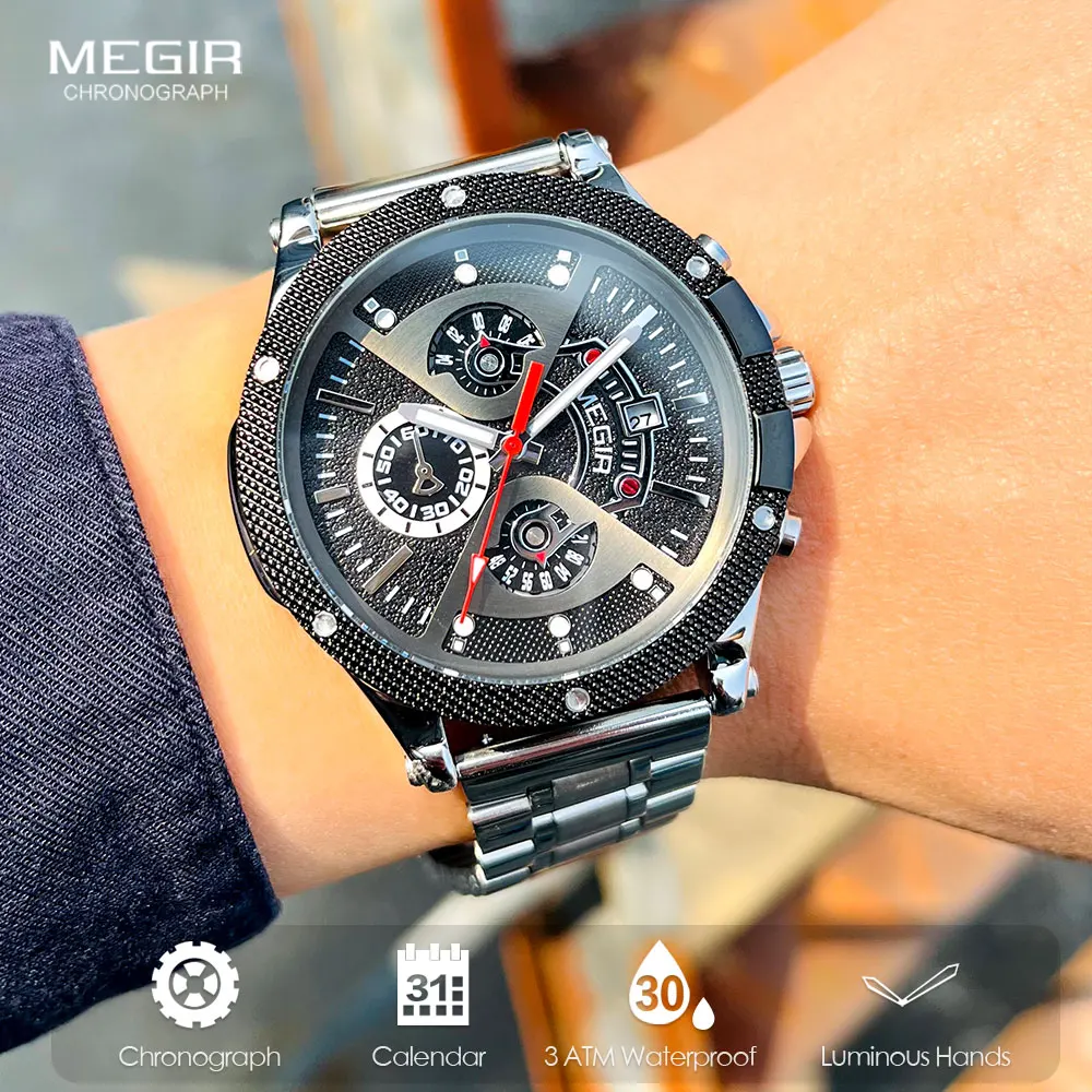 MEGIR Silver Black Watch Men Stainless Steel Analog Quartz Wristwatch with Chronograph Auto Date Spare Silicone Band Gift 2216