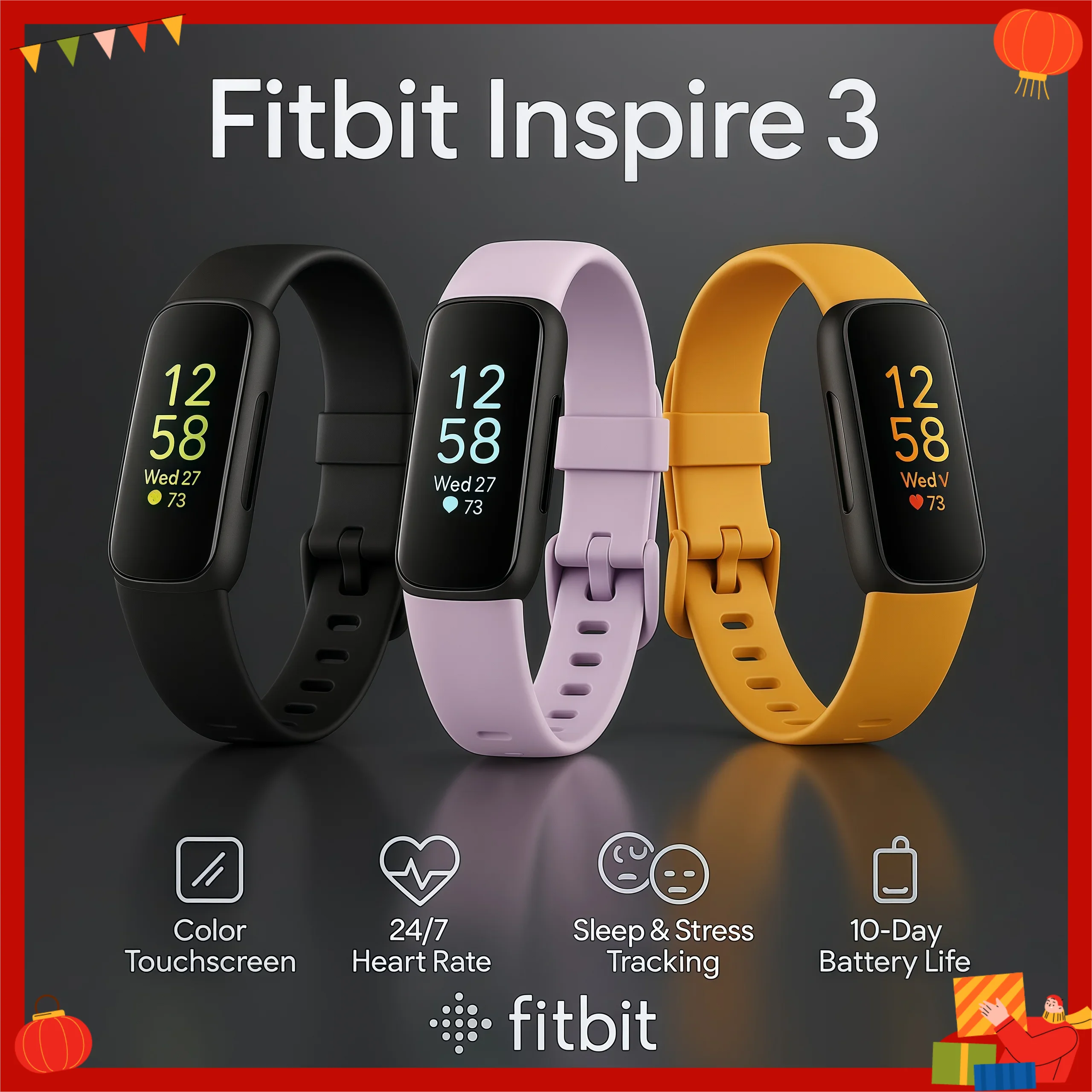 Fitbit Inspire 3 Intelligent Fitness Tracker Color Touch Screen Heart Rate Monitor Sleep Pressure Tracking Sports Wristband