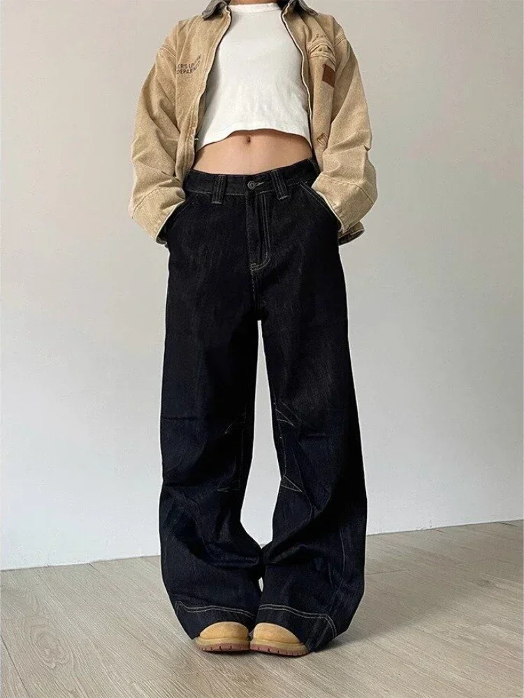 Deeptown Grunge Black Jeans Women Y2k Vintage Oversized High Street Wide Cargo Denim Trousers Casual Baggy Straight Denim Pants