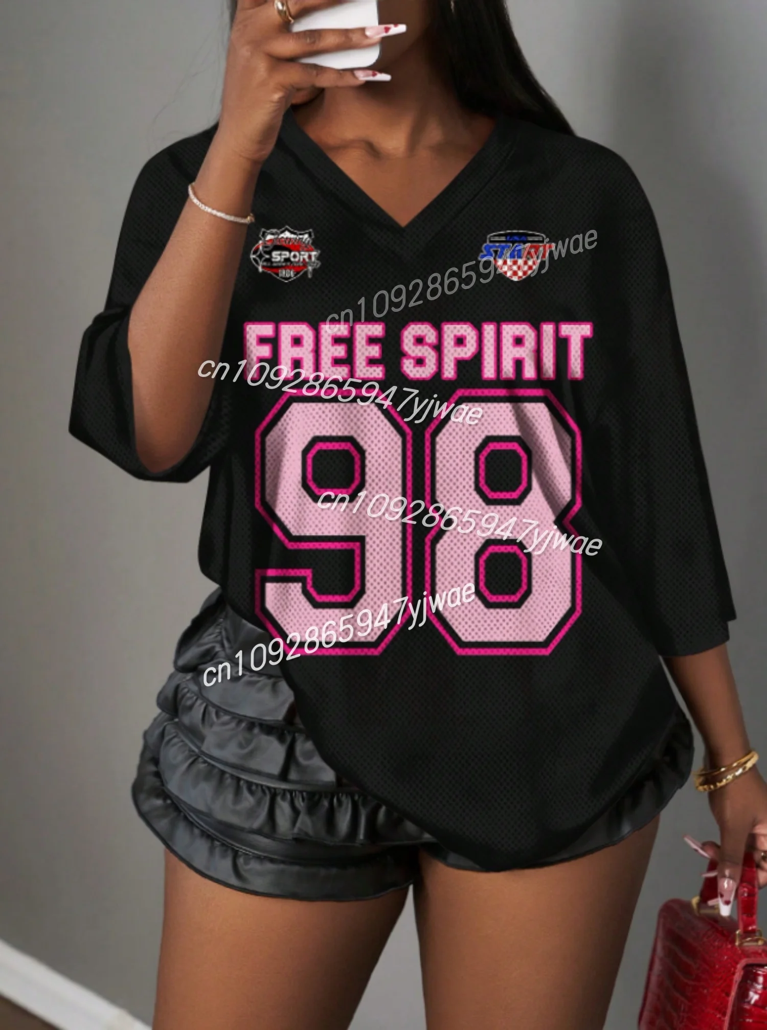 2025年カラーブロックナンバー36 Tシャツ レディース メッシュ生地 ストライプ VネックTシャツ 夏 原宿トレンド 半袖 ストリートウェア トップス