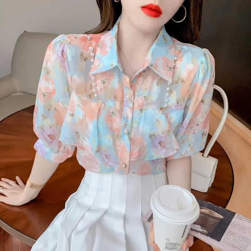 

New Summer Pearl Chain Ruffled Floral Chiffon Shirt Shirt Short Sleeved Top