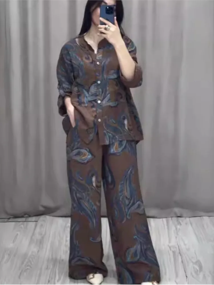 Luxurious Pattern Print Vintage Set Women Summer Adjusted Long Sleeve Shirt & Tie-up Pants Outfit Autumn New Button 2pcs Suit