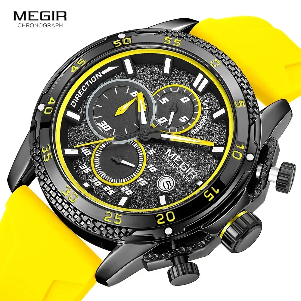 Megir relógio masculino fashion pulseira de silicone cronógrafo relógios de pulso de quartzo com data automática ponteiros luminosos 3atm à prova d'água 2211