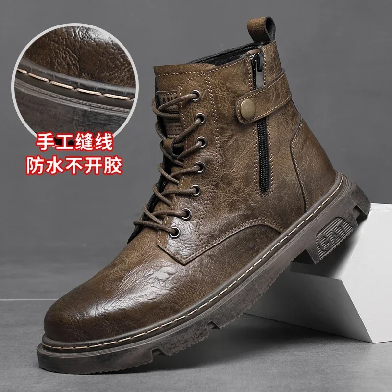 2024 Men\'s Genuine Leather Boots High-top Mens Work Shoes Plus Velvet To Keep Warm Non-slip and Wear-resistant Motorcycle Boot