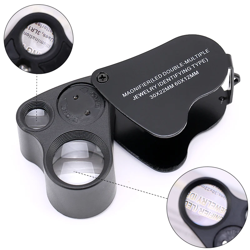 SMI 30X 60X Illuminated Jewelers Eye Loupe Magnifier, Foldable Jewelry Magnifier with Bright LED Light for Gems, Jewelry, Coins