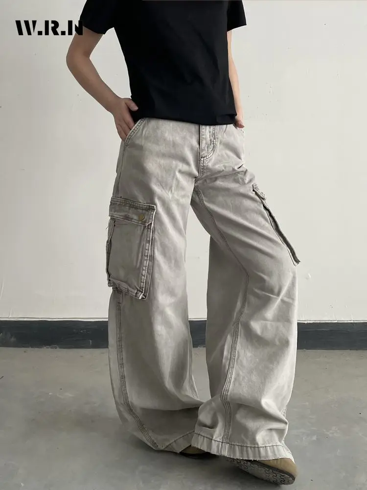 

Винтажные однотонные повседневные брюки-карго с высокой талией для женщин, уличная одежда, стильные джинсы, широкие комбинезоны, мешковатые брюки с карманами Y2K