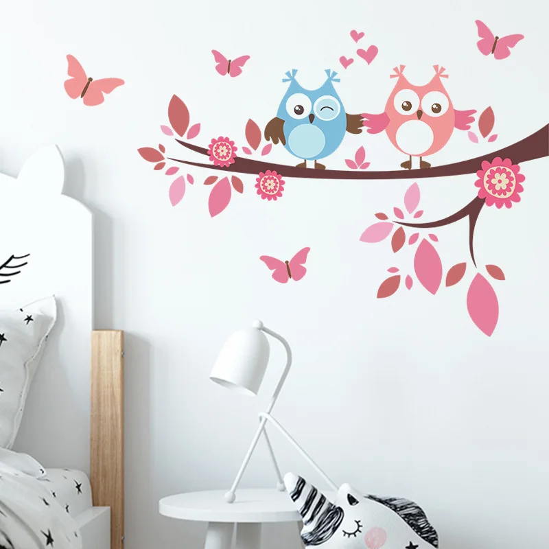 Cartoon Owl Butterfly Wall Sticker Pink Series Valentine's Day Bedroom Decoration Wallpaper Home Decor Decals Beautify Stickers