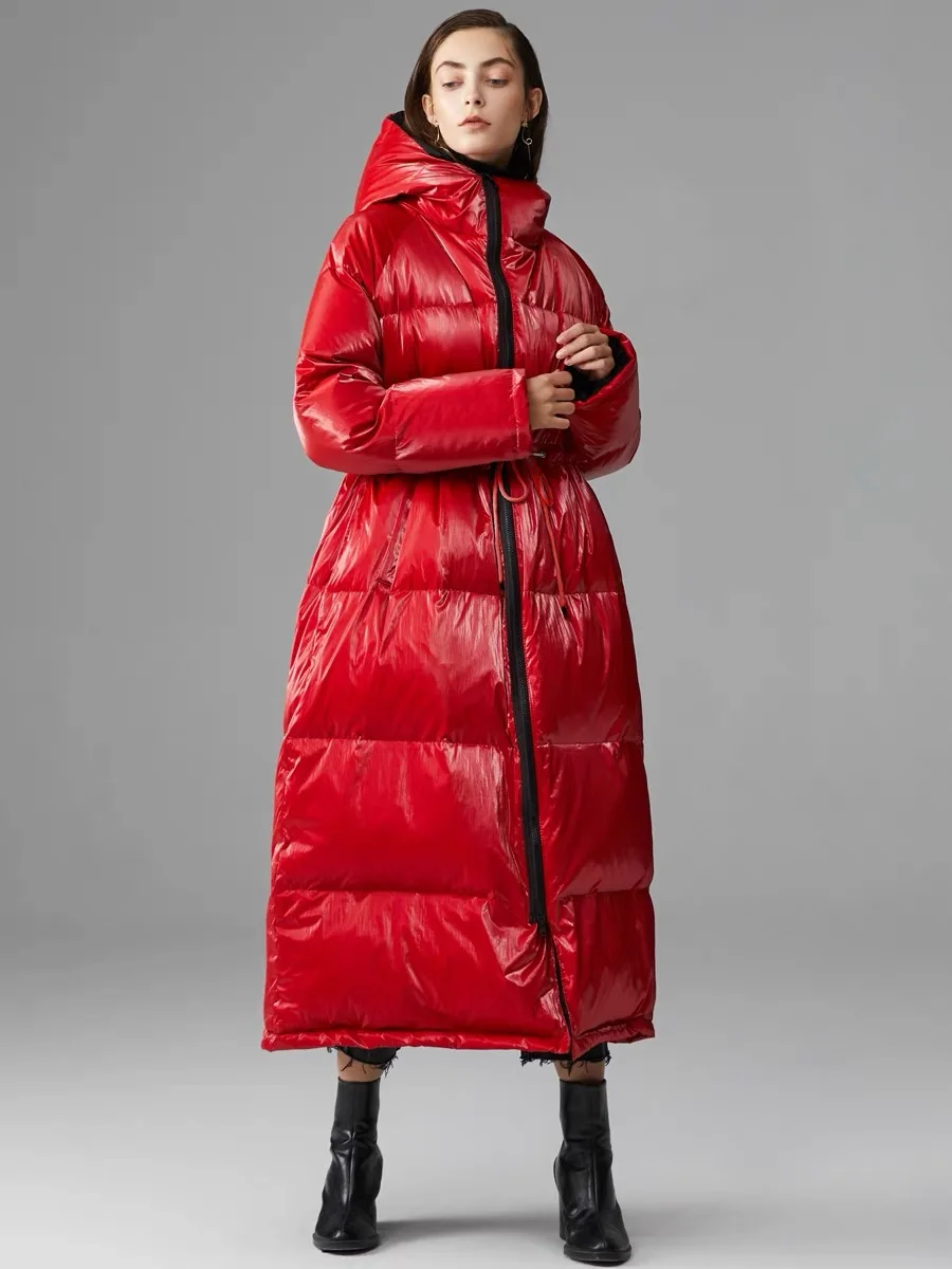 

Winter European Fashion Popular Glossy X-Long White Duck Down Jacket Female Oversized Waterproof Parkas Hooded Bright Coat F474