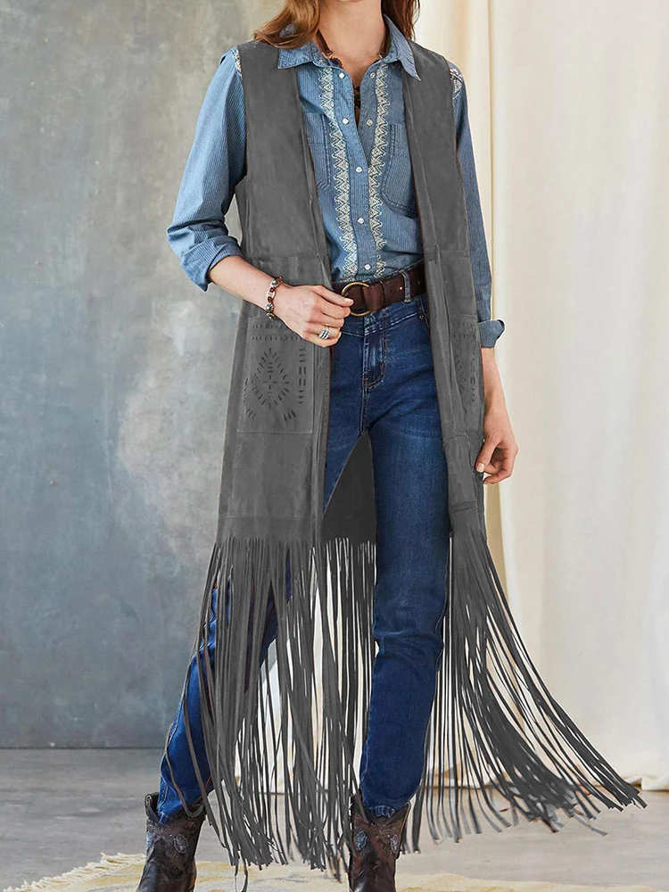 Vintage Fringe Vest Women Autumn Faux Suede Tassel Long Waistcoat Female Fashion Solid Color Casual Loose Sleeveless Cardigan