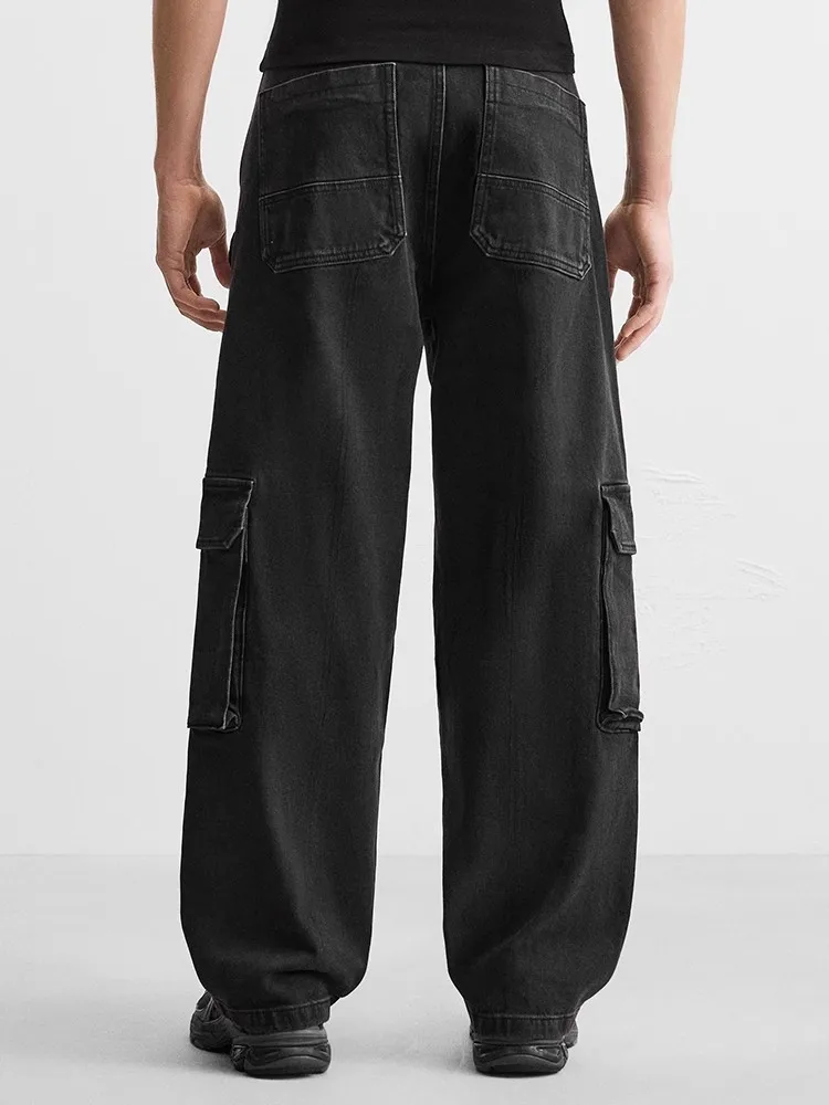 High Street Men Denim Pants Personality Multiple Pockets Cargo Jeans Spring Loose Fit Hip Hop Vintage Male Straight Trousers