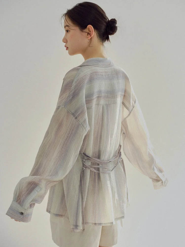 

Translucent Glossy Printed Belted Sun Protection irt Ruffle Hem Ne Long Sve Loose Fit Women's Summer Faion