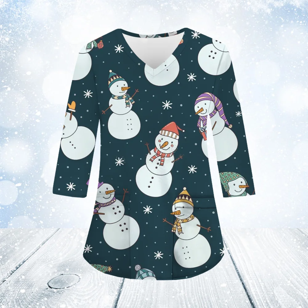 2024 nuevo Scrub médico mujer Navidad estampado de dibujos animados cuello pico manga larga bolsillos Material microelástico Tops uniforme de enfermera mujer