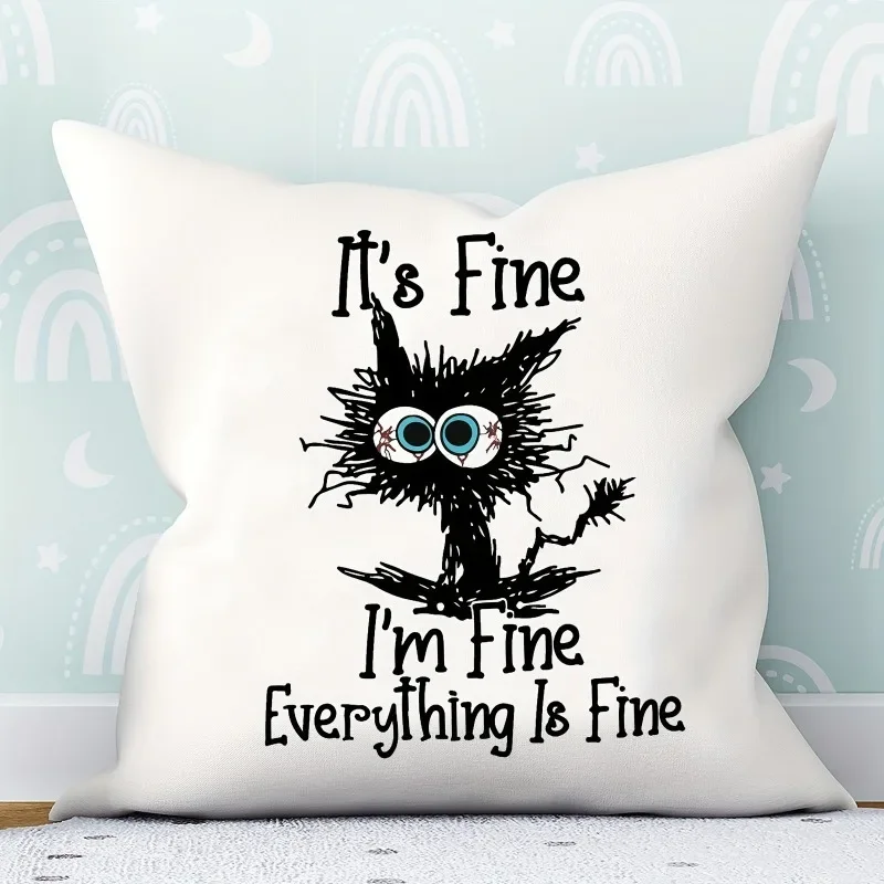 

It's Fine I'm Everything Is Pattern Velvet Pillowcases Kawaii Black Cat Graphics Decorative For Luxury Room Cushions Home Decor