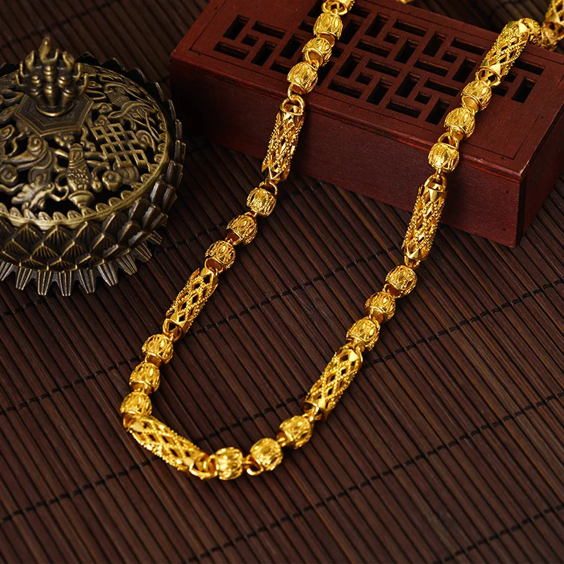 Luxury 24K 9999 Pure Gold real gold Men's Necklace Retro Atmospheric Hollow Cylindrical Chain